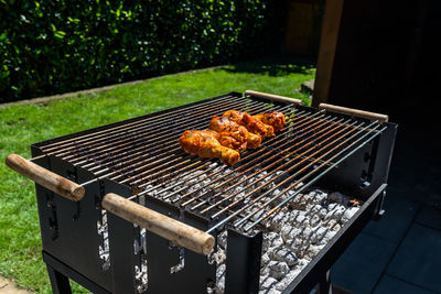 Chicken drumstick fried on the home grill, standing on a home garden on the paving stone.