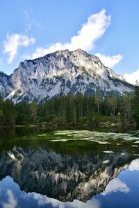 Scenic view of lake by snowcapped mountains against sky