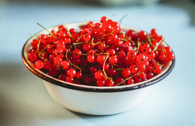 Close-up of red cherries in bowl on table