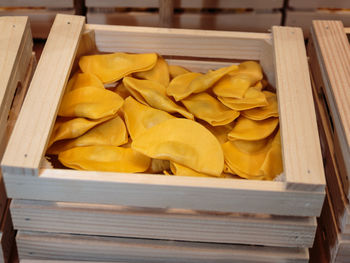 High angle view of yellow food on table