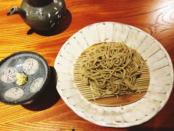 High angle view of food served on table