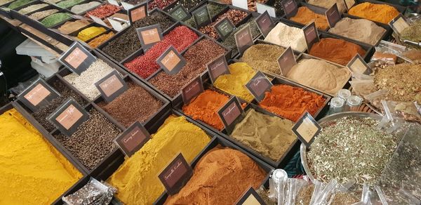 High angle view of multi colored for sale at market stall