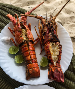 Directly above shot of cooked lobsters in plate