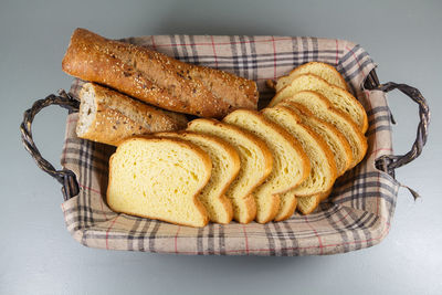 High angle view of bread in basket on table