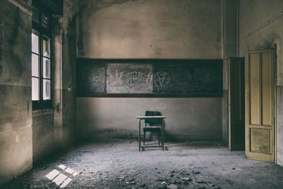 Empty chair in abandoned building