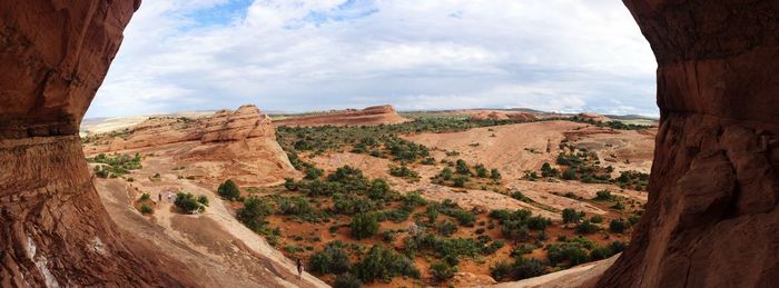 Panoramic view of arches national park seen from cave