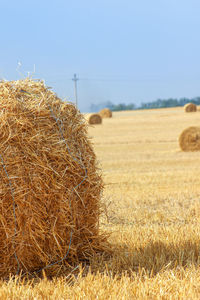 Hay bales on field against sky