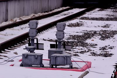 High angle view of snow covered railroad track