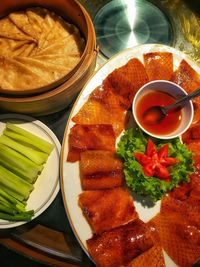 High angle view of meal served on table