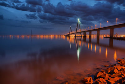 View of bridge over river against cloudy sky