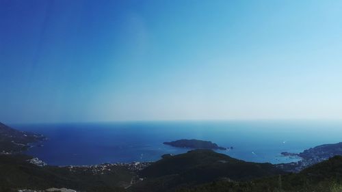 Scenic view of sea against clear blue sky