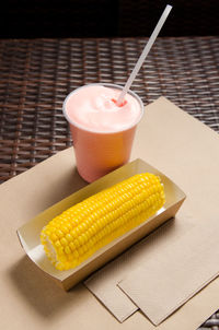 High angle view of breakfast on table