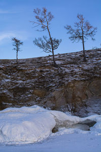 Scenic view of snow covered land against sky