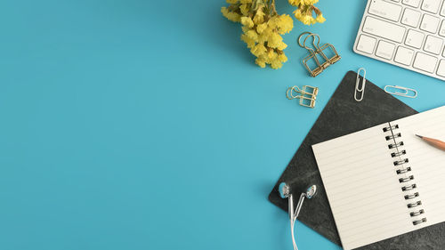 High angle view of books on table