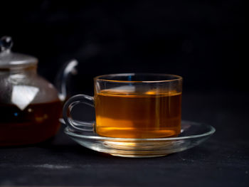 Close-up of tea in glass on table