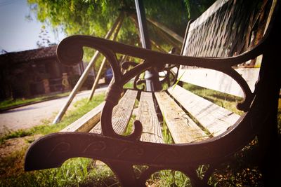 Close-up of bicycle bench in park