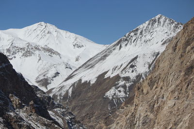 Scenic view of snowcapped mountains against clear sky