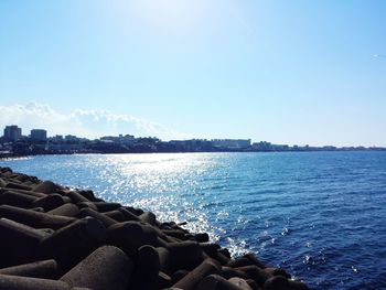 Scenic view of sea against clear blue sky