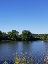 Scenic view of lake against clear blue sky