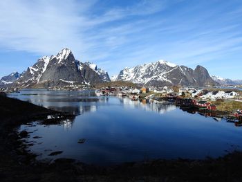 Scenic view of lake and snowcapped mountains against sky