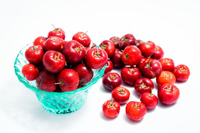 Close-up of cherries in bowl against white background