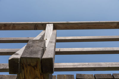 Low angle view of wooden fence against clear blue sky