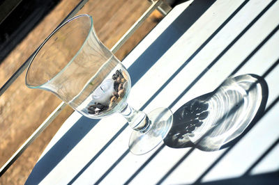 Tilt image of empty wineglass on table outdoors