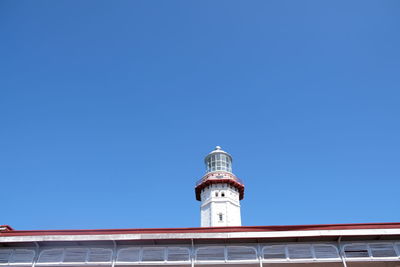 Low angle view of building against clear blue sky