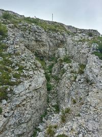 Low angle view of rocky mountains against sky
