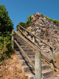 Low angle view of old ruin against clear blue sky