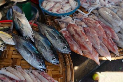 Raw exotic fish assortment with moray at asian market top view in vietnam