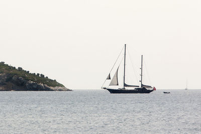 Sailboat sailing on sea against clear sky