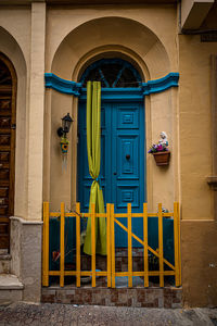 Yellow blue door of building