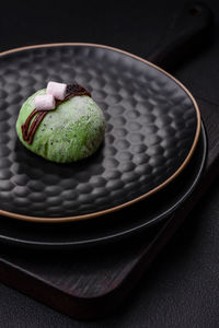 High angle view of dessert in plate on table