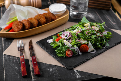 High angle view of food in plate on table