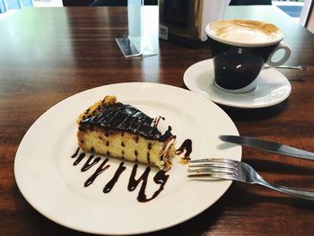 High angle view of cake in plate on table