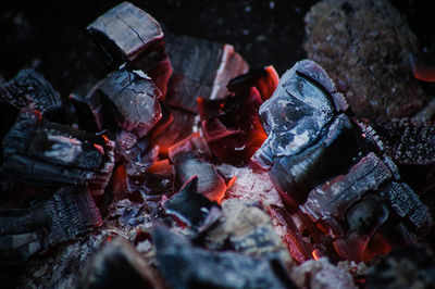 High angle view of bonfire on wooden log