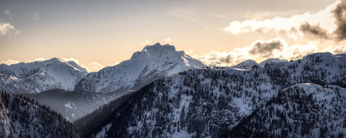 Panoramic view of snowcapped mountains against sky during sunset