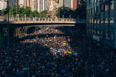 High angle view of people on street