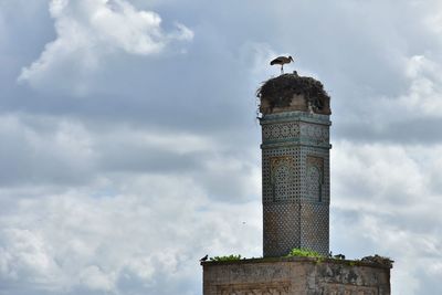 Low angle view of bird perching on tower against sky