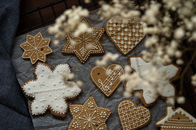 High angle view of cookies on table during winter