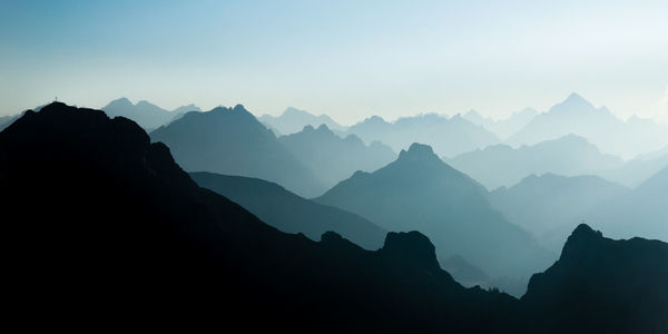 Scenic view of silhouette mountains against sky