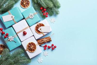 High angle view of christmas decoration on table