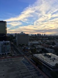 High angle view of cityscape against sky during sunset