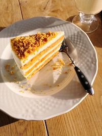 High angle view of cake in plate on table