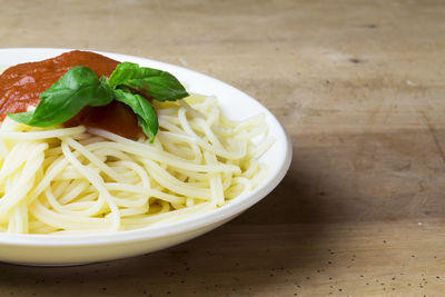 Close-up of noodles in bowl on table