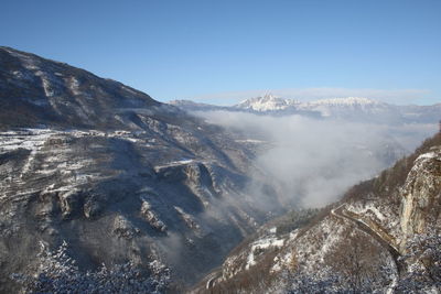 Scenic view of snowcapped mountains against clear sky