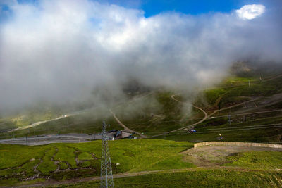 Scenic view of field in foggy weather