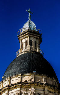 Low angle view of temple building against clear blue sky