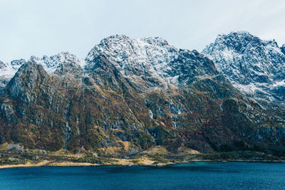 Scenic view of lake by snowcapped mountains against sky